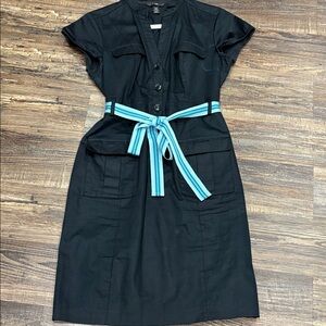 H&M Black Midi Shirt Dress with Turquoise Striped Belt